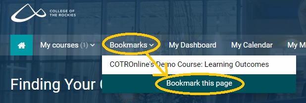 COTROnline Bookmark screen with dropdown open and "Bookmark this Page" option circled in yellow.